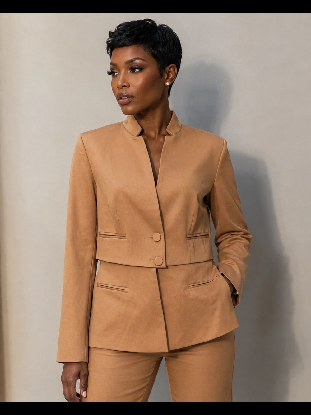Focus 2000 Camel Cropped Layered Blazer Jacket